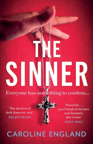 Book cover: red background, hand holding a cross necklace, title “The Sinner”.