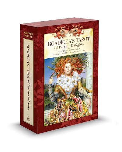 Red tarot box with ornate artwork of a woman and mythical creatures.