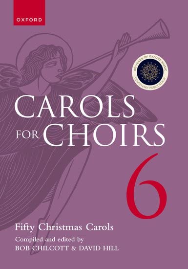 Purple cover of "Carols for Choirs 6" featuring an angel and trumpet.