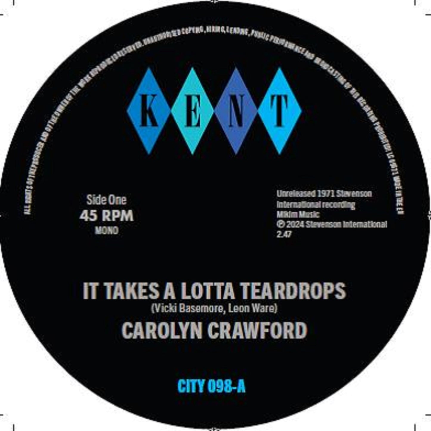 Black vinyl record label with blue diamond-shaped “KENT” logo and white text.