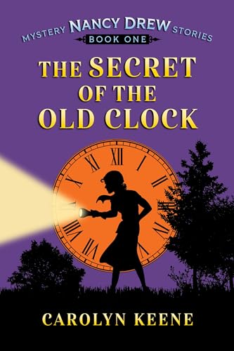 Book cover featuring a silhouette of Nancy Drew with a flashlight before a clock.