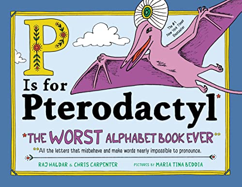 Book cover featuring a pink pterodactyl and a large yellow letter "P".