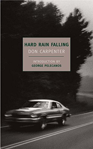 Book cover with title “Hard Rain Falling” and a car on a road.