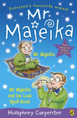 Book cover featuring wizard Mr. Majeika flying on a magic carpet.