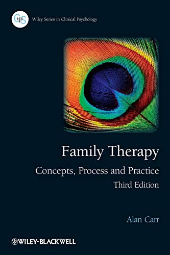 Book cover: “Family Therapy” with a colorful peacock feather image.