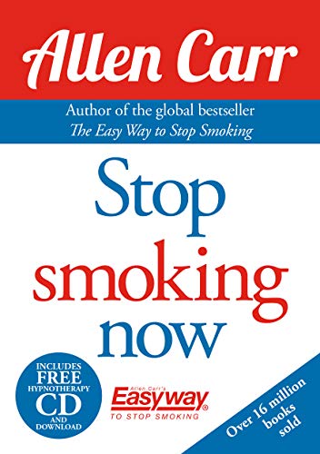 Book cover: "Stop Smoking Now" by Allen Carr, red and white design.