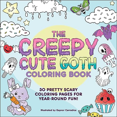 Colorful cover of a coloring book with cute, spooky gothic illustrations.