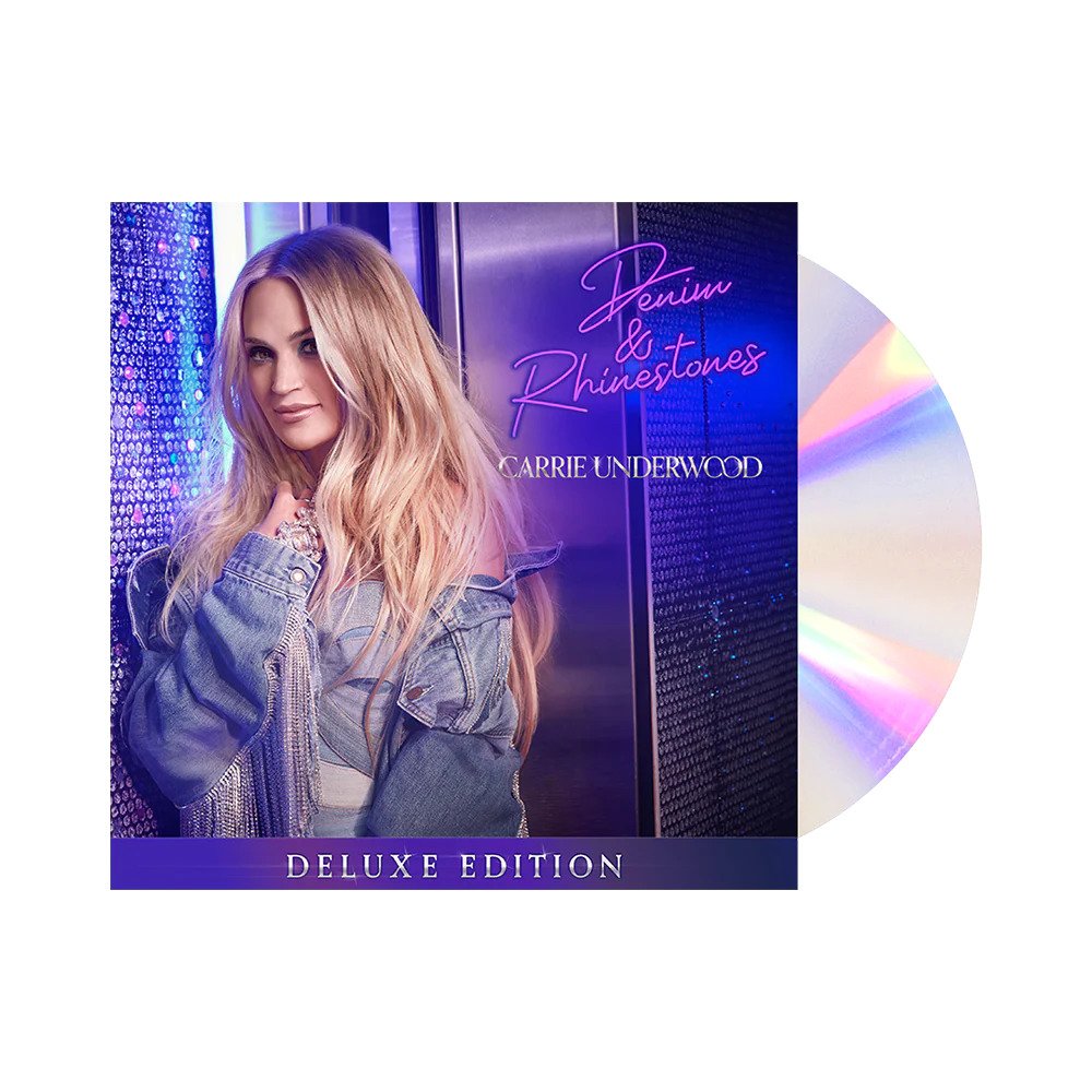 Carrie Underwood album cover, “Denim + Rhinestones (Deluxe Edition)” with blue rhinestones.