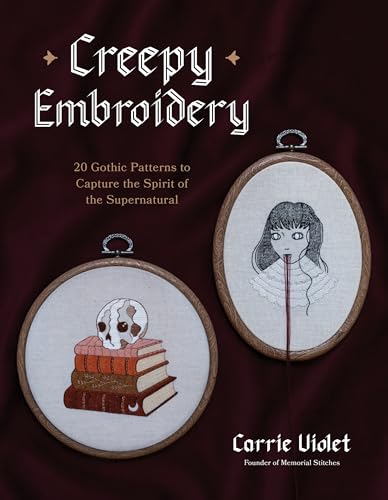 Book cover featuring gothic embroidery designs of skulls and a woman’s face.