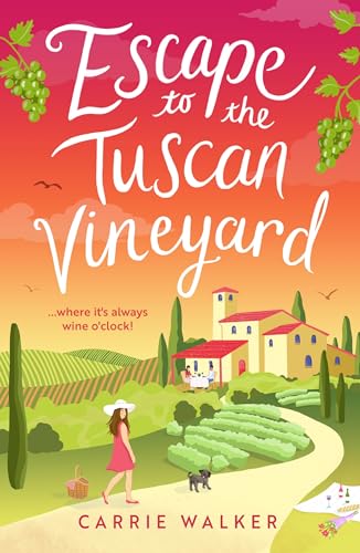 Book cover depicting a Tuscan vineyard scene with a woman walking a dog.