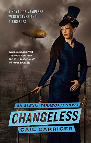A woman in Victorian dress and goggles stands before a dirigible over London.