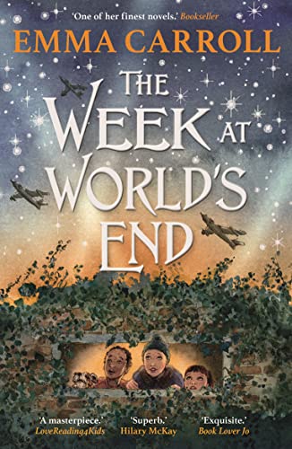 Book cover showing three children looking out of an ivy-covered window under starry skies.