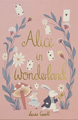 Book cover with pink background, gold text, flowers, playing cards, Alice, and White Rabbit.