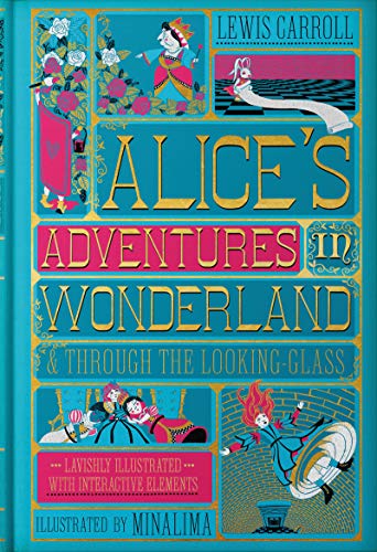 Book cover for Alice's Adventures in Wonderland with gold text and colorful whimsical illustrations.