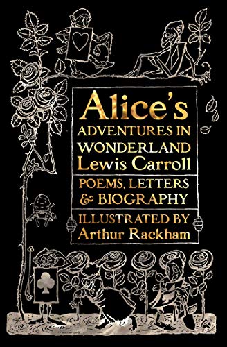 Book cover featuring gold text on black with white line art of Wonderland characters.