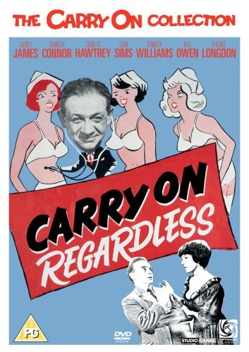 DVD cover art for Carry On Regardless featuring illustrated nurses and a man's portrait.