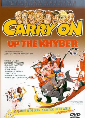 Carry On Up The Khyber" DVD cover with cartoon soldiers and an elephant.