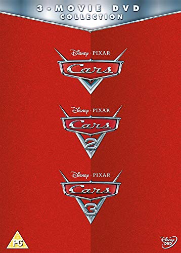 Red DVD cover featuring logos for "Cars," "Cars 2," and "Cars 3.