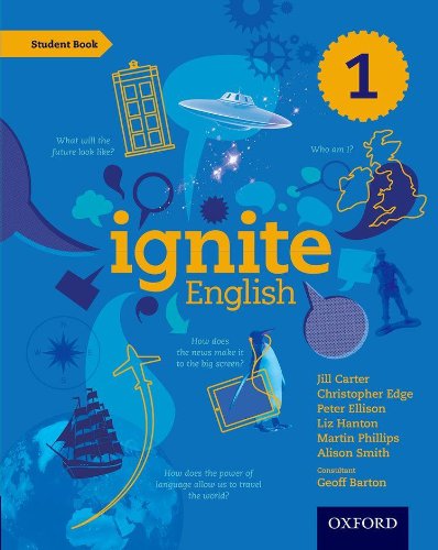 Blue cover of Ignite English Student Book 1 featuring a TARDIS and UFO.