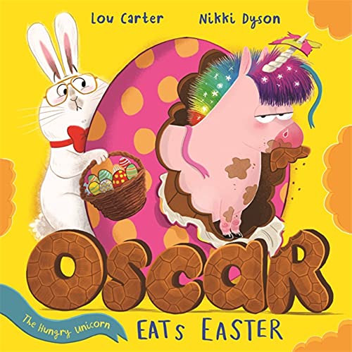 A pink unicorn and white rabbit with a basket of Easter eggs.