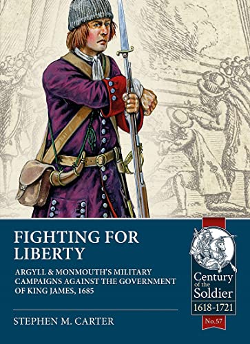 17th-century soldier in purple coat with musket, book cover illustration.