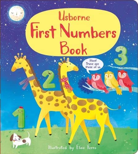 Children’s book cover with giraffes, owls, and large numbered illustrations.