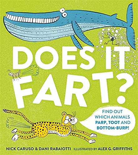 Book cover with cartoon whale, cheetah, and large white text: "Does It Fart?".