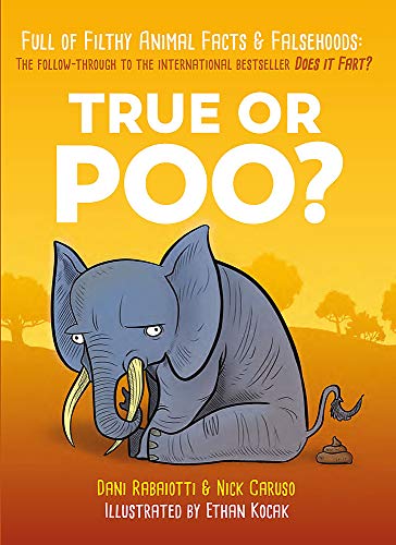 Book cover: "True or Poo?" with cartoon elephant and poop illustration.