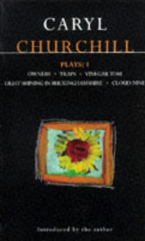 Book cover for Caryl Churchill Plays 1 with a sunflower illustration on black background.