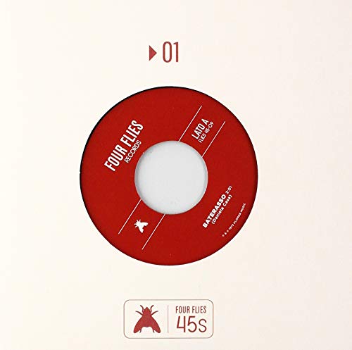 Red vinyl record label with white text: "Four Flies Records" and song details.