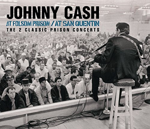 Black and white album cover of Johnny Cash performing for a prison crowd.