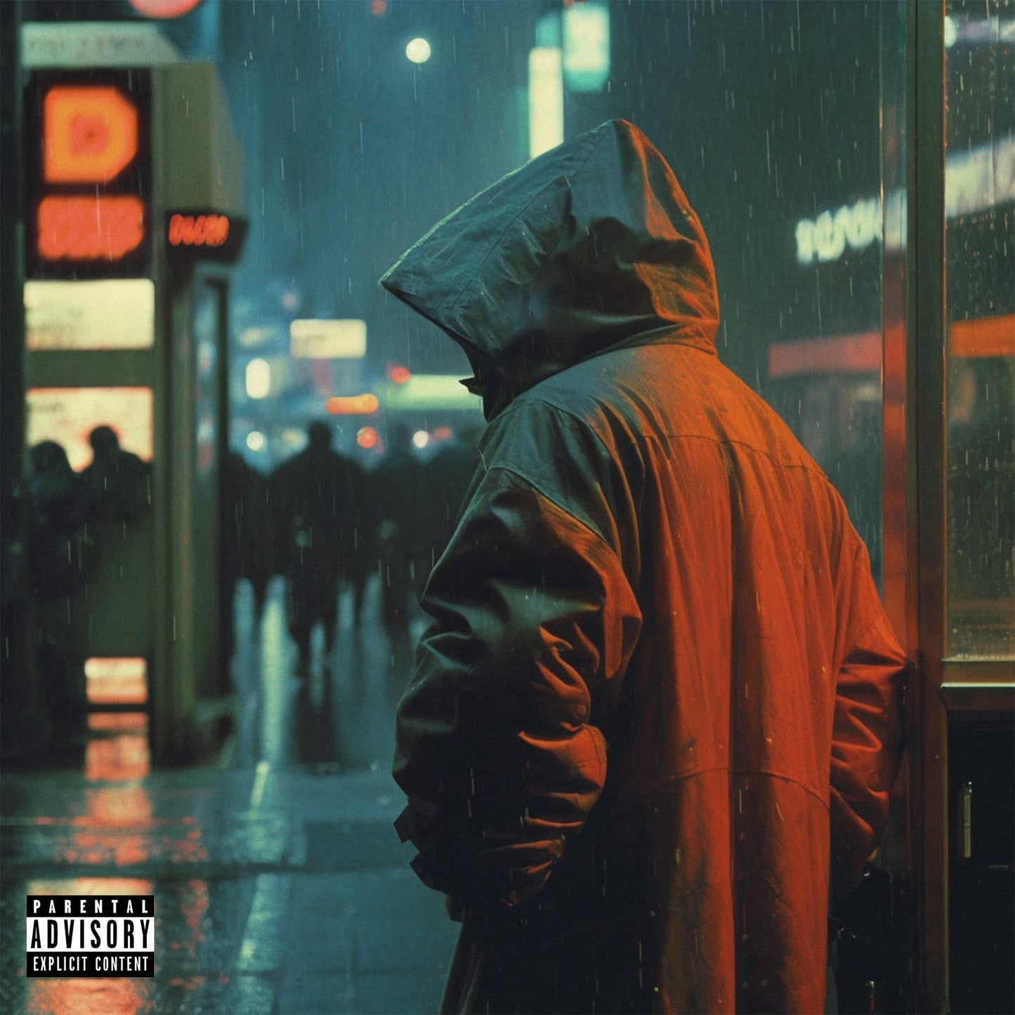 Hooded figure in a brown coat stands in a rainy, neon-lit city.