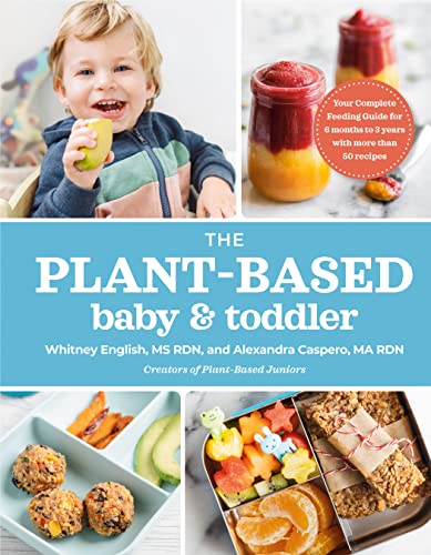 Book cover with baby eating, plant-based food images, and recipe guide title.