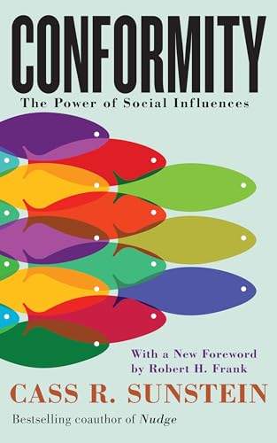 Book cover for "Conformity" featuring colorful fish swimming in one direction.