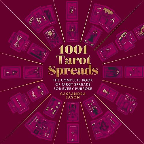 Book cover with radiating tarot cards and gold text: "1001 Tarot Spreads".