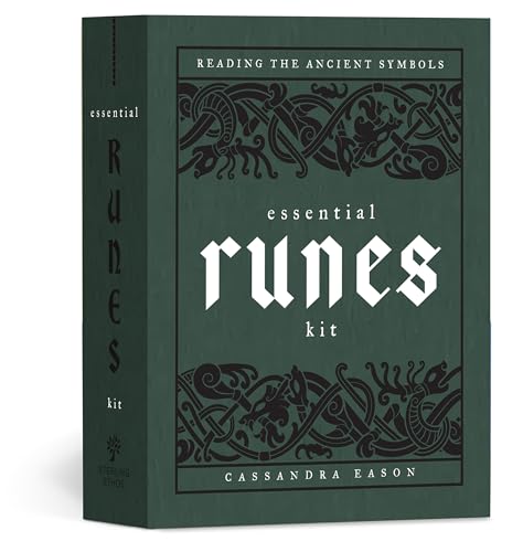 Dark green box for "Essential Runes Kit" with silver lettering and Celtic design.