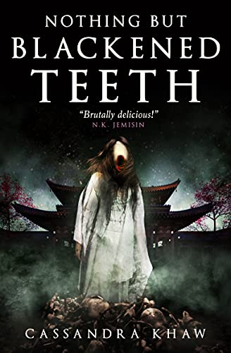 Book cover: ghostly figure before a Japanese-style gate, dark and eerie.
