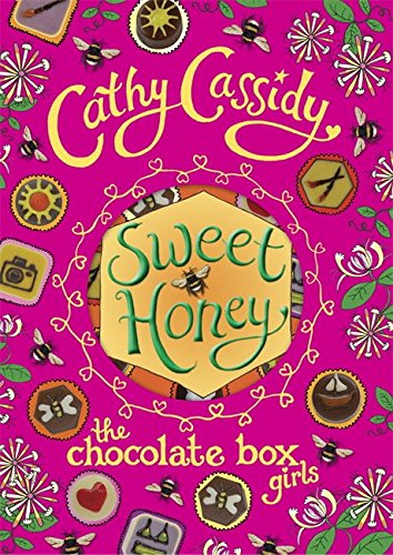 Book cover with pink background, yellow text, and honeycomb design surrounded by bees and chocolates.