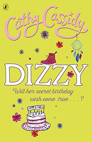 Book cover for “Dizzy” with floral doodles, a boot, and cake.