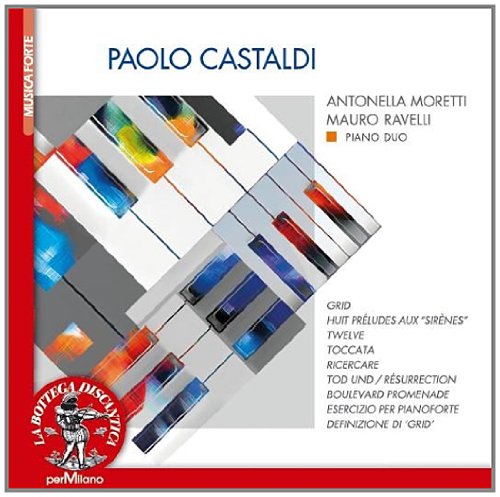 CD cover for Paolo Castaldi’s “Brani Per Duo Pianistico” with abstract piano keys.