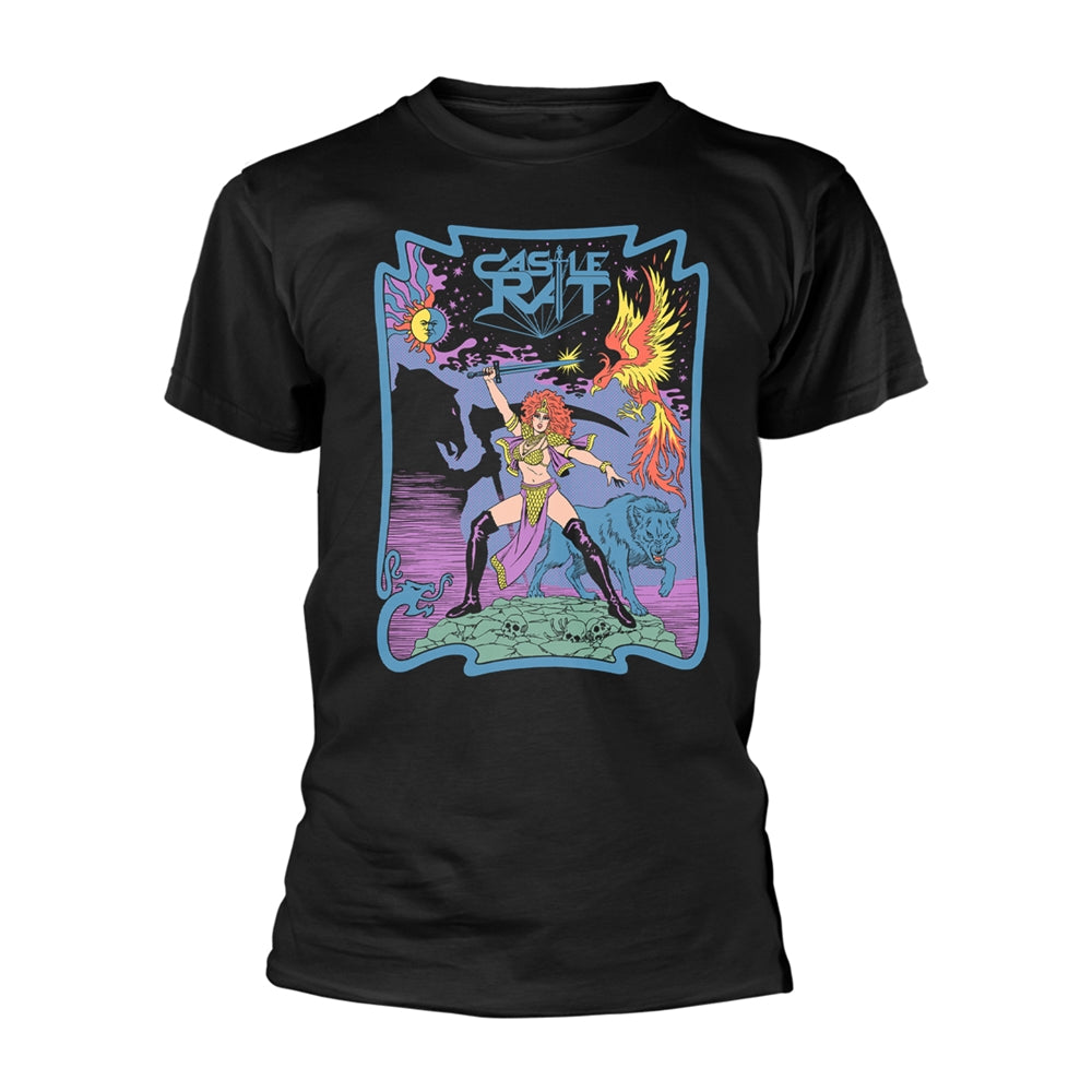Black t-shirt with colorful graphic of a warrior woman and wolf.