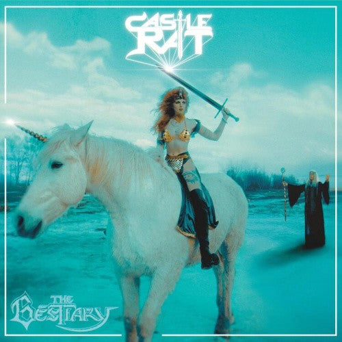 Album cover: woman with sword riding a unicorn in a snowy landscape.