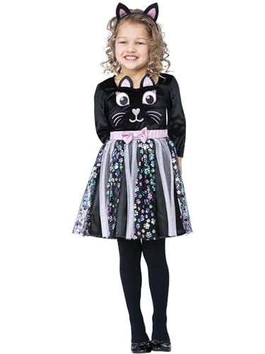 Young girl wearing a black cat costume with sparkly skirt.