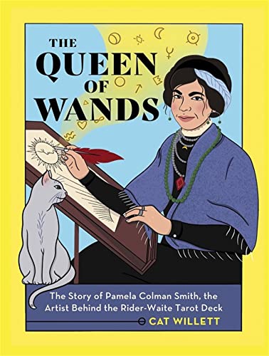 Book cover: illustrated portrait of Pamela Colman Smith with a cat.