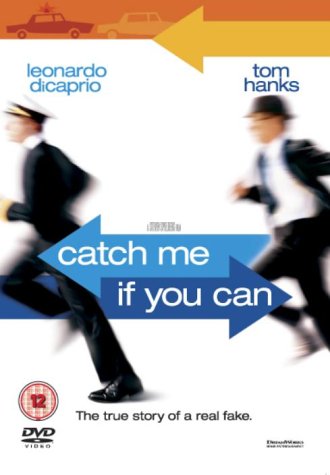 Catch Me If You Can" DVD cover with Leonardo DiCaprio and Tom Hanks running.