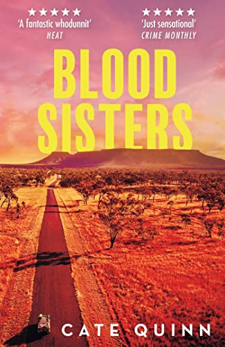 Book cover: "Blood Sisters" with a desert road and mountain backdrop.