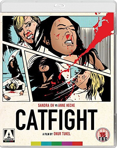 Catfight" Blu-ray cover with comic-style illustrations of women fighting, blood splatters.