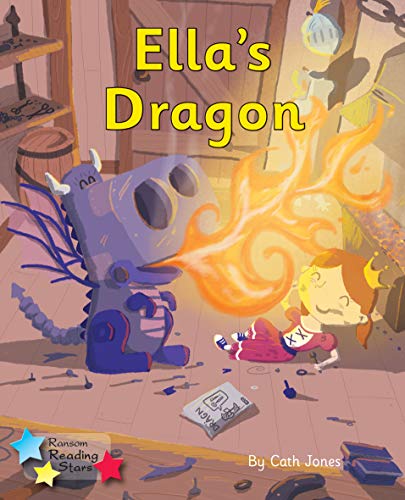Book cover: a blue dragon breathes fire near a girl in a room.