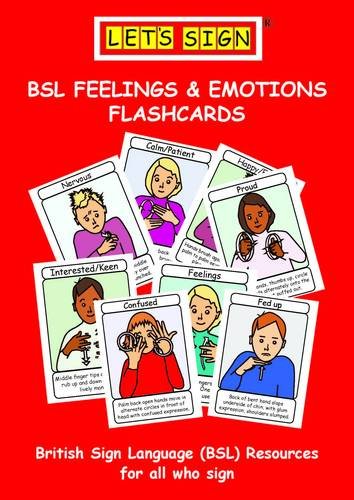 A collection of BSL feelings and emotions flashcards on a bright red background.