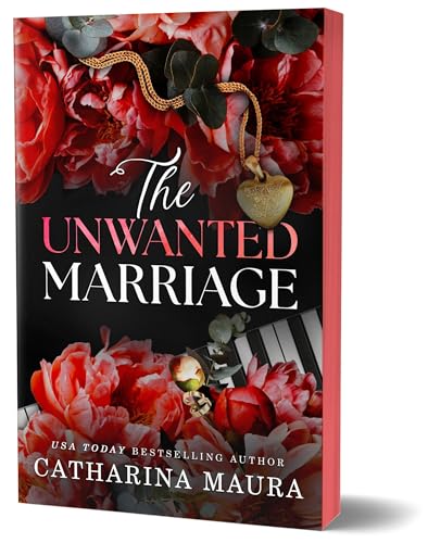 Book cover with red flowers, a gold heart pendant, and bold title text.